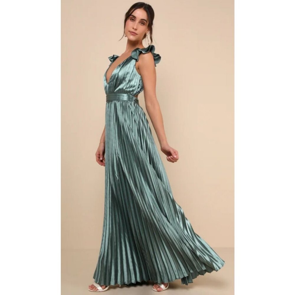 Pleated Sage Green Ruffle-Sleeve Maxi Dress